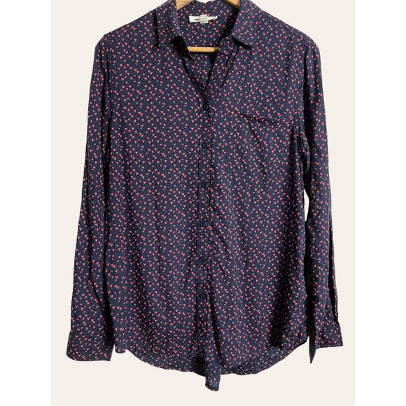 Beach Lunch Lounge Blue Red Heart Print Long Sleeve Viscose Button Up Top Size M - Picture 1 of 5